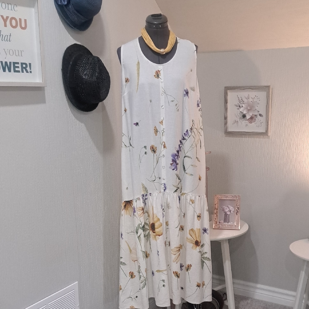 Fresh Fx Cream Floral Tiered Maxi Dress with Yellow and Purple Accents